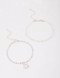 Silver Beaded Diamante Flower Bracelet Pack