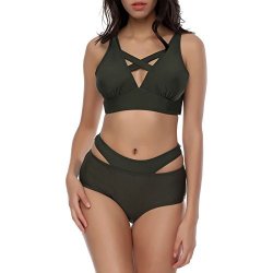 Cindy Lover Women's Cross Bandage Bikini Padded Push-up 2PCS Swimsuit Army Green L