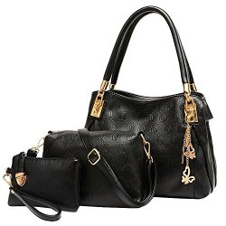 Women Vincico 3 Piece Tote Bag Pu Leather Handbag Shoulder Purse Bags Set Black 2