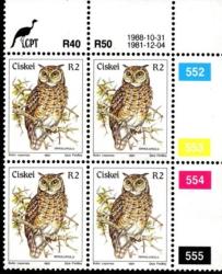 Ciskei - 1988 Birds R2 Reprint Control Block Mnh Sacc 21