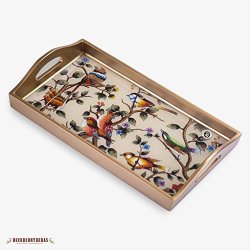 Handmade Serving Tray With Handle From Peru Glass Wood Serving Tray Beige Rectangular Tray Small Serving Tray Drink 'spring Birds'