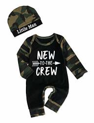 Newborn Baby Boy Clothes New To The Crew Letter Print Romper+little Man Camouflage Hat 2PCS Outfits Set Black 6-9 Months