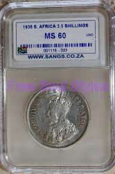 Rare 1936 King George V 2.5 Shilling Sangs Graded Ms 60 - Catalogue Value R15 000.00