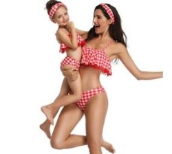 2 Piece Nylon Matching Bikini Swimwear Bathing Suits For Mom Or Daughter - Red - Checkered Print - Size L