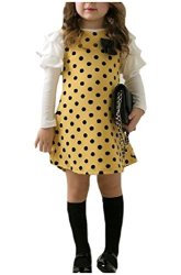 Comfy Girls With Bow Stitch Dots Organic Cotton Spring Skirt Dresses Yellow 100