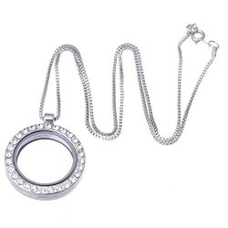 Rubyca Living Memory Floating Charm Round Glass Locket Pendant Necklace 20 Inches 1PCS Silver Tone White Crystal