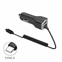 5.4AMP Type-c Dc Car Charger W Adaptive Fast USB Port Usb-c Plug Coiled Cable Black For Blackberry KEY2 - Blackberry KEY2 Le - Blackberry