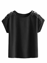 Shein Women's Casual Roll Up Short Sleeve Top Round Neck Contrast Lace Blouse Black Medium