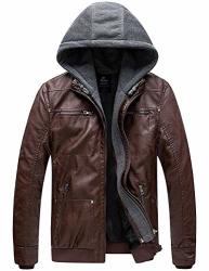 Wantdo Men's Faux Leather Jacket With Removable Hood Coffee Light Small
