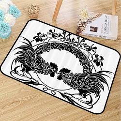 Modern Doormat Gallos Decor Collection For Porches Two Cocks Illustration Fighting Cockerel Ornamental Floral Arch Symmetry Image W20 X L30 Black And White