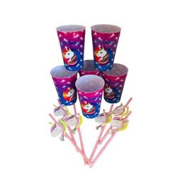 Plastic Unicorn Cups & Paper Straws - Set Of 6