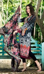 Indian Pakistani Dress Black - Embroidery Designer 3pc Lawn Suit With Chiffon Dupatta-- Unstiched