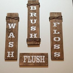 Wash Brush Floss Flush Brown Bathroom Wood Signs - Set Of 4