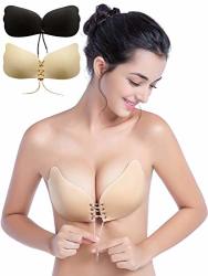 Muryobao Women's Sticky Strapless Bra Self Adhesive Backless Bra Silicone Wedding Dress Bras Beige Black 2 Pack D Cup Butterfly