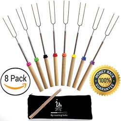 Extending Marshmallow Roasting Sticks-set Of 8 -32 Inch.telescoping Stainless Steel Smores Skewers Hot Dog Forks.campfire Fire Pit Camping. Safe For Kids. Storage Bag S'mores