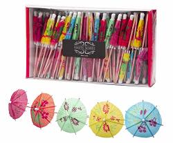 Umbrella Tropical Drink Picks - 144 Pack - Parasol Toothpicks For Cocktails Beverages Hors D'oeuvres Hawaiian Summer Party Decoration Idea And Cupcake Topper - Assorted Colors