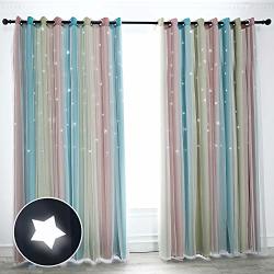 Hughapy Star Curtains Stars Blackout Curtains For Kids Girls Bedroom Living Room Colorful Double Layer Star Cut Out Stripe Window Curtains 1 Panel - 52W
