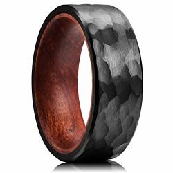 King Will 8MM Black Tungsten Carbide Ring Inner Hole Inlaid Wood Hammered Texture Flat Style 6.5