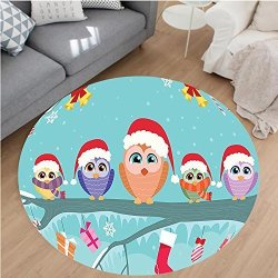 Nalahome Modern Flannel Microfiber Non-slip Machine Washable Round Area Rug-cute Owl Family Sitting On A Branch Like Little Magical Elves Of Noel Animal Design