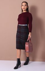 Ladies' Check Skirt - Burgundy - Burgundy 32