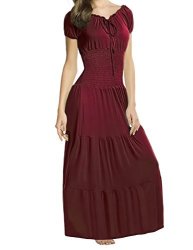 Hufcor Womens Boho Peasant Ruffle Stretchy Short Sleeve Maxi Long Dress Wine Red S