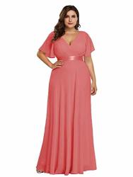 Women's Vintage Deep V-neck Short Sleeve Plus Size Wedding Party Maxi Dress Coral US20