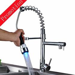 Votamuta Commercial Style Pull Down Sprayer Kitchen Sink Faucet Single Handle Deck Mounted Kitchen Mixer Tap With LED Light Sprayer Chrome Finish