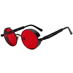 Round BLACK Frame Sunglasses Red Lens Owl STEAMPUNK_C12_BLK_RED PC Lens