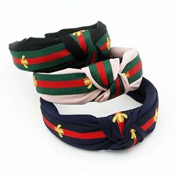 GREEN RED Stripe Headbands For Women - Hair Hoops With Bee Animal - Cross Knot Hairbands With Cloth Wrapped For Girls - 3PCS Bee