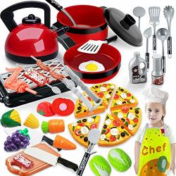 KITCHEN Scientoy Toys For Pretend Play 38 Pcs Toy Cooking Set With Cooking Utensils Play Food Chef Coat& Hat Pizza Pots & Pans And