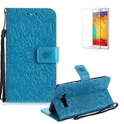 Funyye Strap Magnetic Flip Cover For Samsung Galaxy J7 2016 Premium Blue Embossed Sunflower Pattern Folio Wallet Case With Stand Credit Card Holder Slots