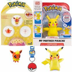 Pokemon Partner Character Pikachu Figure Go Bundled With Fire-type Flareon Micro Battle Legendary Character Trainer Poke Ball Keychain Backpack Hanger & Petite Pals 3-ITEMS