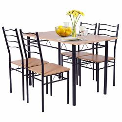 Giantex Modern 5 Piece Dining Table Set With 4 Chairs Metal Frame Wood Like Tabletop Kitchen Furniture Retangular Table & Chair Sets For Dining Room Beech Wood