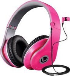 Volkano Dual Neo Over-ear And In-ear Headphone Combo Neon Pink