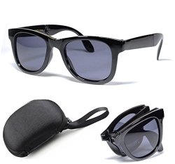 Fordable Folding Pocket Retro Mirror Wayfarer Compact Men Women Sunglasses + Free Sunglasses Case Black Lens