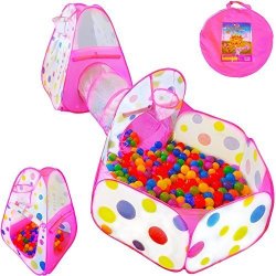 Playz 3PC Kids Play Tent Crawl Tunnel And Ball Pit Pop Up Playhouse Tent With Basketball Hoop For Girls Boys Babies And Toddlers For