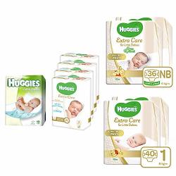 Huggies Extra Care Size Nb Baby Diapers 2X36=72 Diapers Size 1 2X40=80 Diapers + Huggies Extra Care Wet Wipes 4X4=16 Single Pack + Huggies