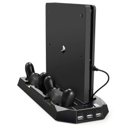 PECHAM Vertical Stand For PS4 Slim PS4 With Cooling Fan Dual Controller Charger Station For Sony Playstation 4 Game Console Dualshock 4 With 3 Extr