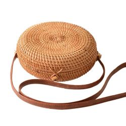 Hand Woven Round Rattan Bag Shoulder Leather Straps - Bali