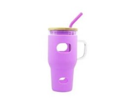 1.1L Reusable Glass Tumbler Cup With Bamboo Lid And Straw IF-96 Pink
