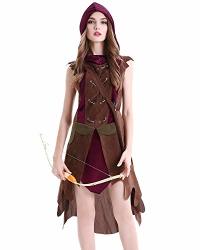 Quesera Women's Huntrss Costume Robin Hood Hunter Warrior Red Hood Hooded Outfit Red Tag Size M= Us Size S