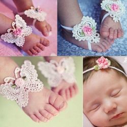 Newborn - 2 Years - Gorgeous White Butterfly And Rose Headband And Barefoot Sandals