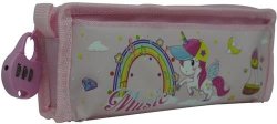 Fabric 2 Pocket 20CM Pencil Bag With Combination Lock Light Pink- Fun Unicorn Printed Artwork Dual Compartments 2 X Easy Slide Zip Closures