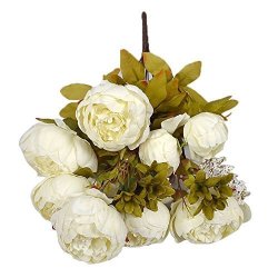 Doinshop Artificial Peony Silk Flower Leaf 1 Bouquet 8 Heads Home Wedding Party D Cor White