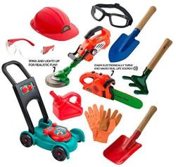 Sunfun Children's Complete Landscaping Set With Push Lawnmower Power Saw Weed Trimmer Gardening Tools Goggles & Gloves :: Realistic Outdoor Backya