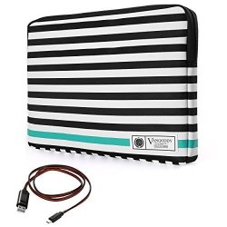 Vangoddy Luxe B Series Black White Stripe 17 Inch Compact Padded Carrying Sleeve For Hp Envy 17 Omen Pavilion Probook Zbook Series 17.3" Laptop + Sync And Charge Cable