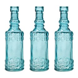 Luna Bazaar Small Vintage Glass Bottle Set 6.5-INCH Calista Cylinder Design Turquoise Blue Set Of 3 - Flower Bud Vase Set - For Home