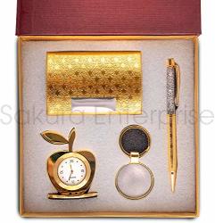 Foreverwithyou 4 In 1 Golden Corporate Gift Set With Apple Clock Crystal Pen Business Card Holder Premium Quality Golden With Keychain