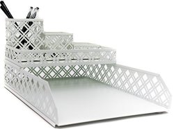 Blu Monaco White Desk Organizer - 5 Piece Interlocking Desk Accessories Set - Paper - Document Tray Pen Cup 3 Assorted Accessory Trays