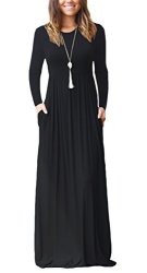 Women's Round Neck Long Sleeves A-line Casual Maxi Dresses With Pocket Black Xx-large